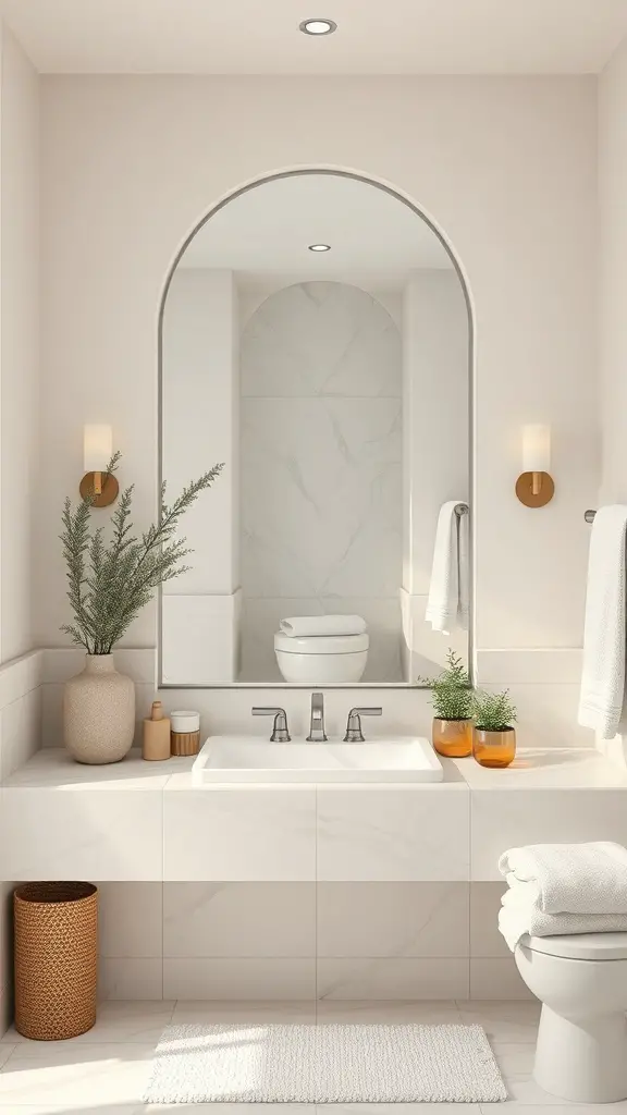 A modern bathroom featuring an arched mirror, light color palette, and natural elements.