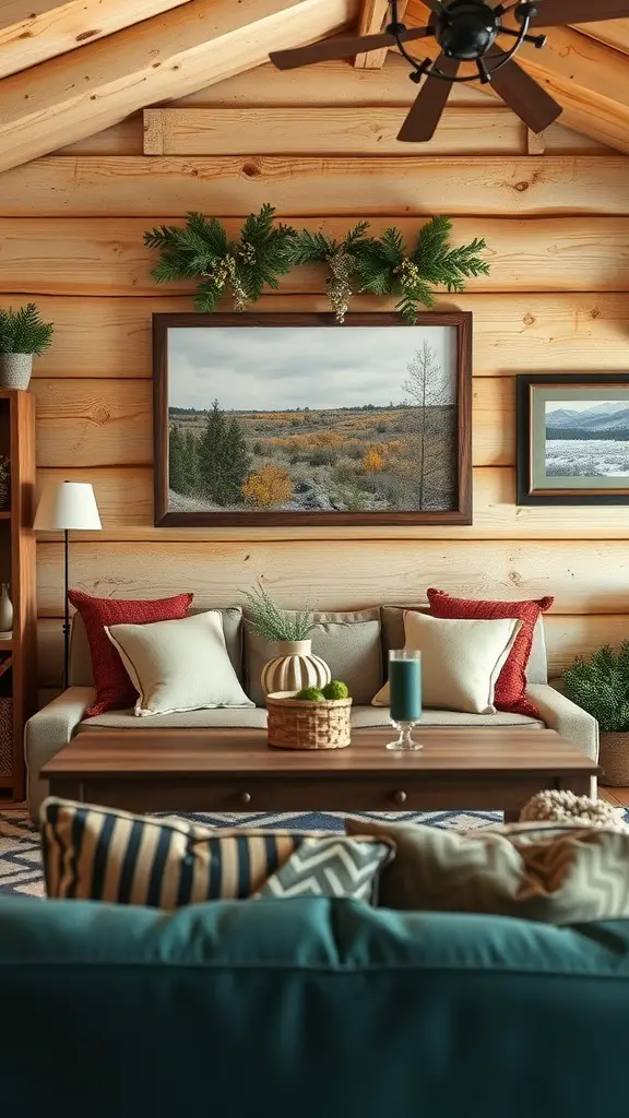 Cozy rustic cabin living room with wooden walls, comfortable sofa, and nature-themed decor