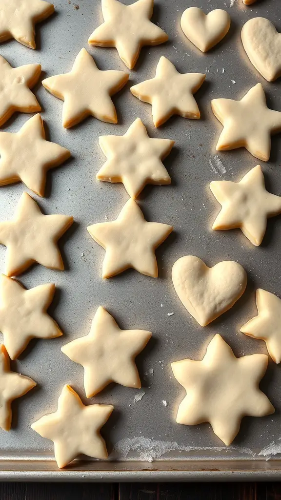Tray of salt dough ornaments shaped like stars and hearts