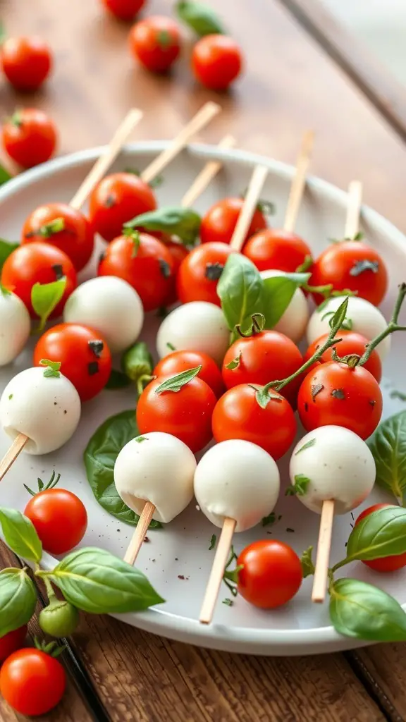 A plate of mini Caprese bites with cherry tomatoes, mozzarella balls, and basil leaves on skewers.