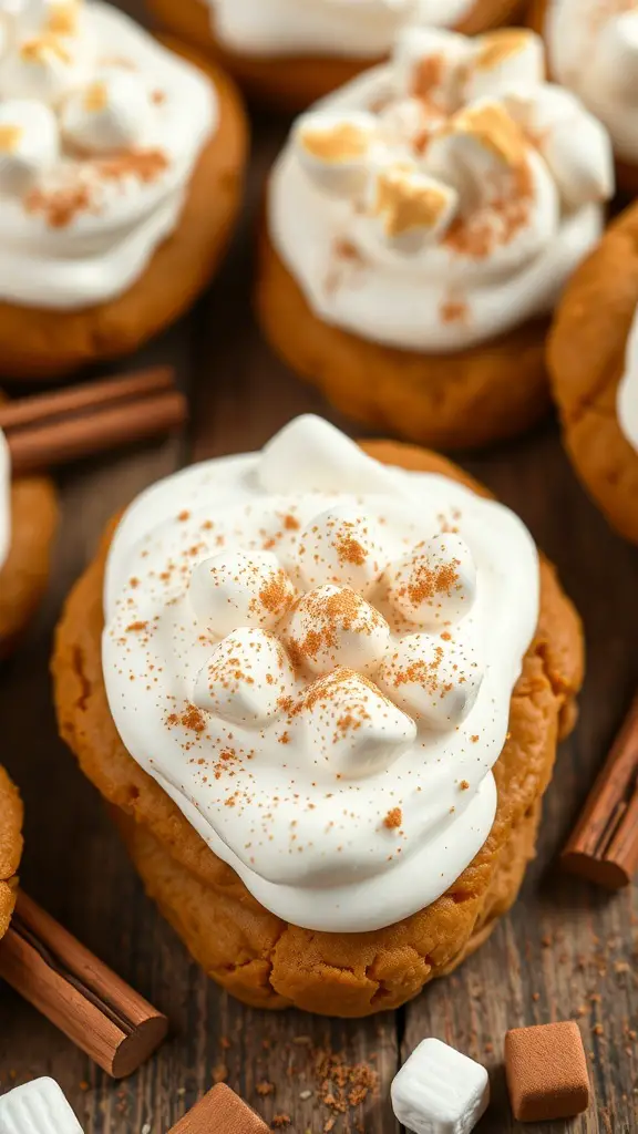 Sweet potato cookies topped with marshmallow frosting and cinnamon, surrounded by cinnamon sticks and sugar cubes.
