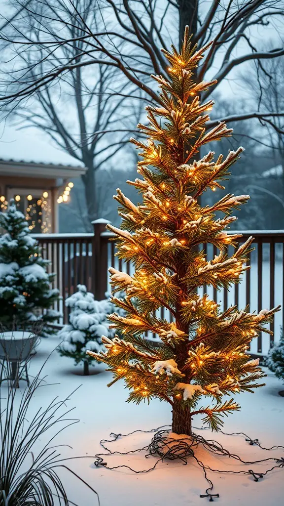A snowy outdoor scene featuring a beautifully lit Christmas tree with twinkling string lights.