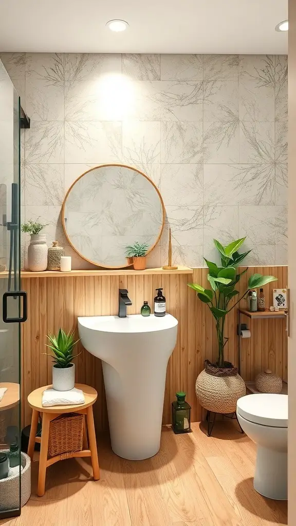 25+ Chic Half Bathroom Ideas to Refresh Your Space 3 A modern half bathroom featuring sustainable materials, including wooden accents, plants, and a stylish sink.