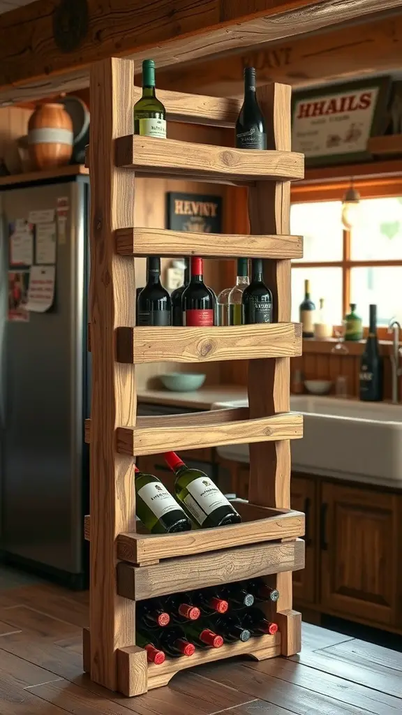 Wooden wine rack with multiple shelves displaying various wine bottles.
