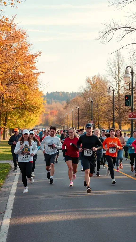 Participants running in a Turkey Trot race during autumn