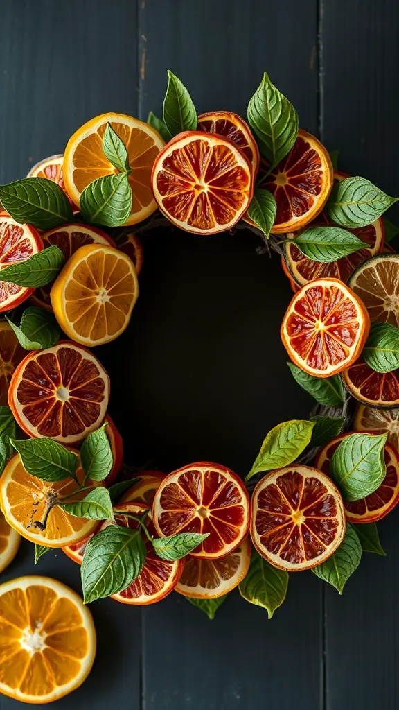 A vibrant citrus wreath made with oranges and blood oranges, adorned with green leaves.