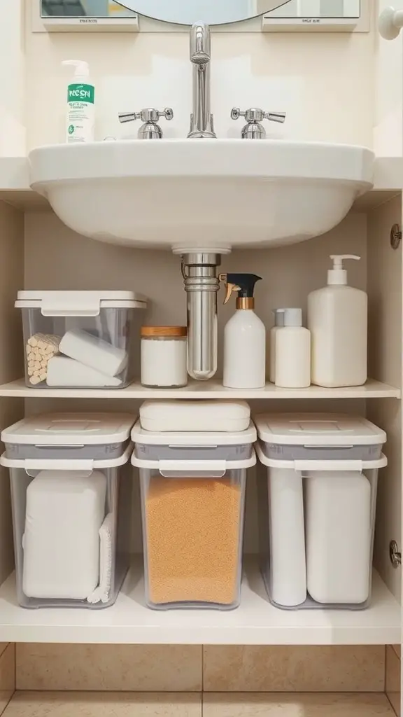 29+ Creative Bathroom Under Sink Organization Ideas You Need to Try 3 Organized bathroom under sink with clear containers holding various toiletries and cleaning supplies.