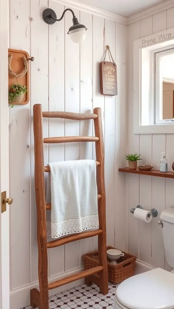 23+ Stylish Bathroom Towel Rack Ideas You’ll Love 6 A rustic wooden towel rack in a cozy bathroom setting, featuring a ladder design with a light blue towel hanging.