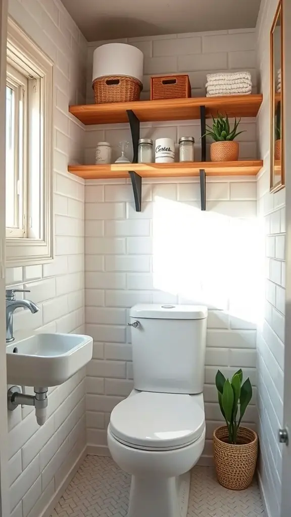 29+ Stunning Tiny Bathroom Layouts for Small Spaces 7 A small bathroom with wall-mounted shelves, a toilet, and a sink, featuring natural light and organized storage.