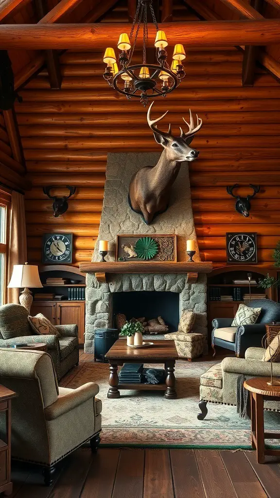 A cozy hunting lodge interior featuring wooden beams, a stone fireplace, and a deer mount.
