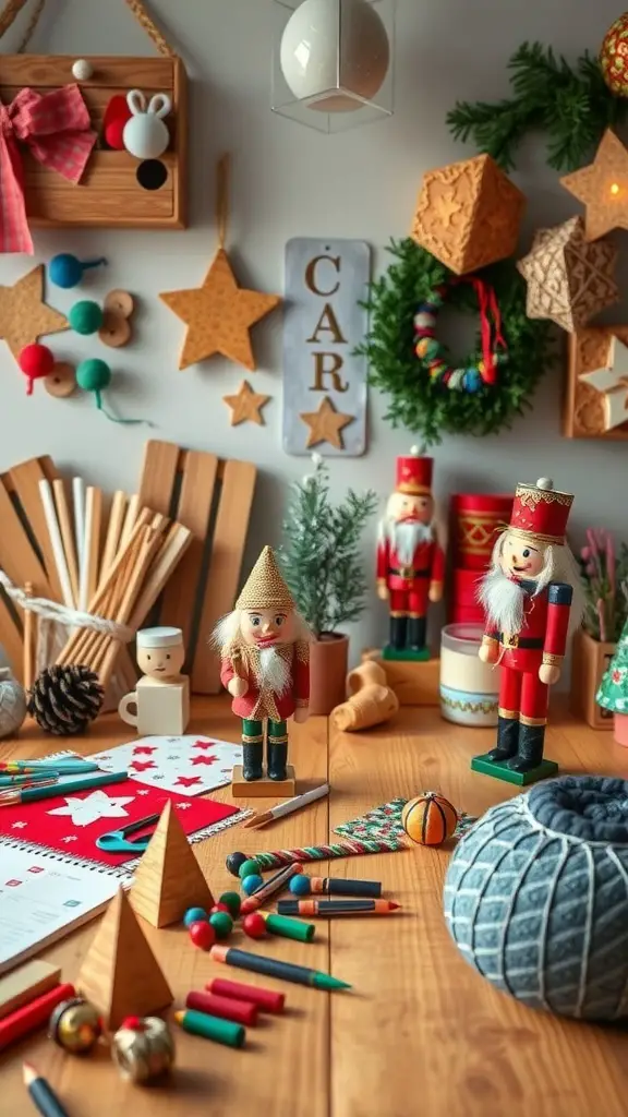 25+ Magical Nutcracker Christmas Decorations You Need This Holiday Season 6 A cozy crafting space with nutcracker decorations and colorful supplies.