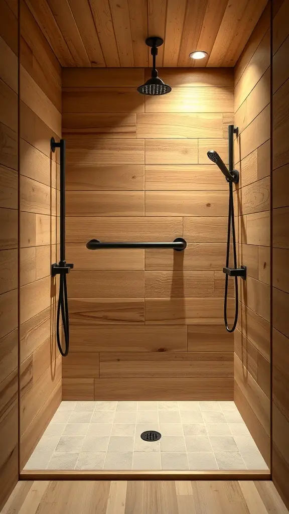 25+ Stunning Pony Wall Shower Ideas for Your Bathroom Remodel 7 Rustic wood shower with black fixtures and light tile floor