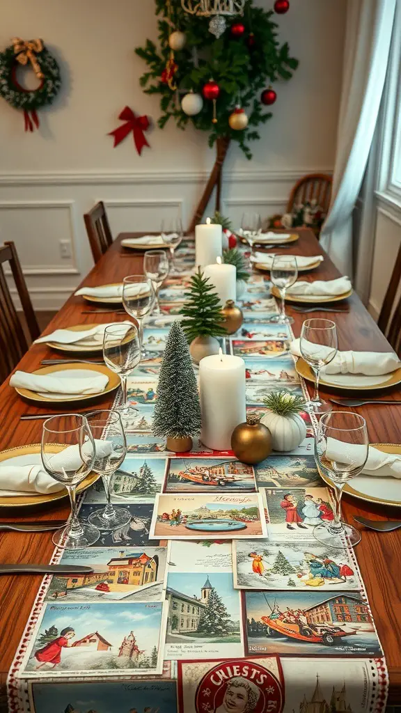 29+ Stunning Christmas Table Runner Ideas for a Festive Holiday Table 15 A dining table decorated with a vintage Christmas postcard runner, candles, and small evergreen trees.