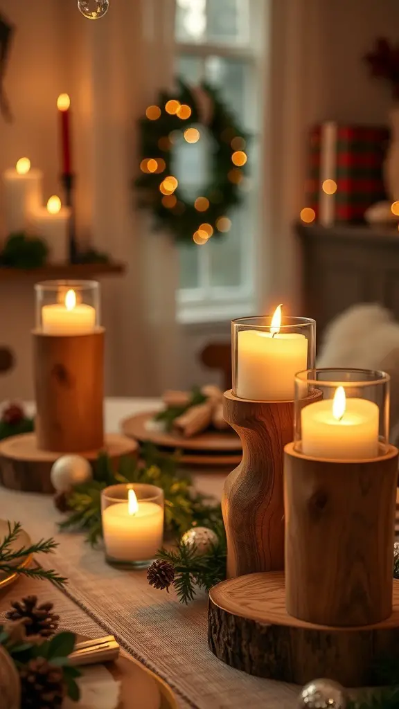 A cozy holiday table with wooden candle holders and flickering candles.