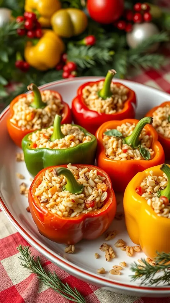 A plate of stuffed bell peppers filled with rice and herbs, surrounded by festive decorations.