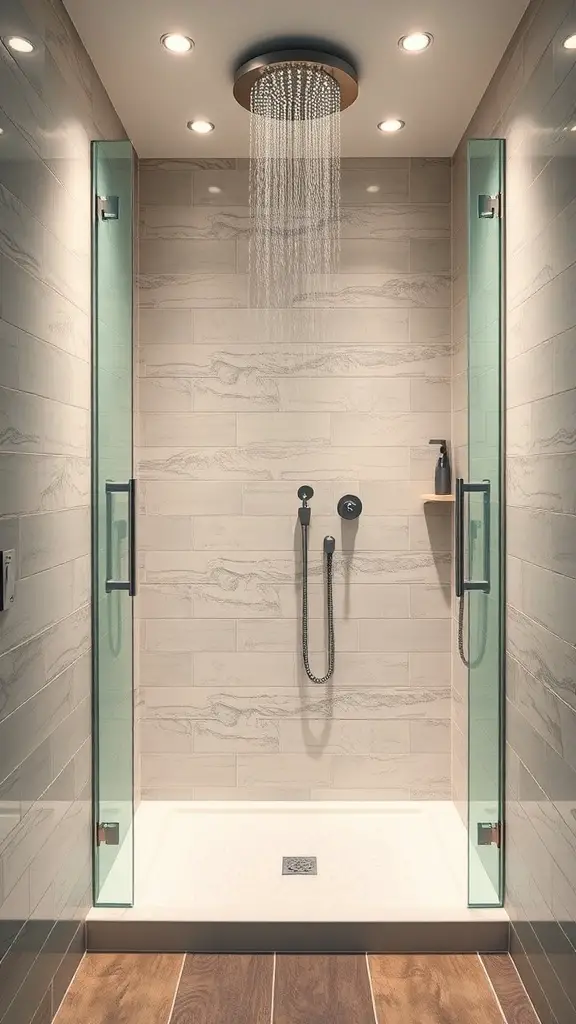 25+ Stunning Walk-In Shower Ideas with No Doors for a Sleek Bathroom Design 9 A modern walk-in shower featuring a rain showerhead and glass walls.
