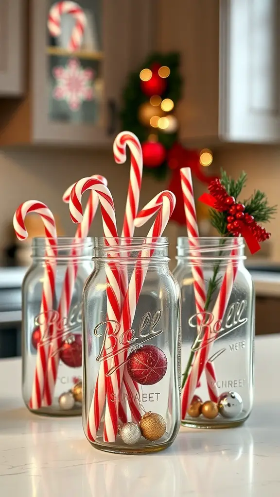 Mason jars filled with candy canes and ornaments, creating a festive kitchen display.