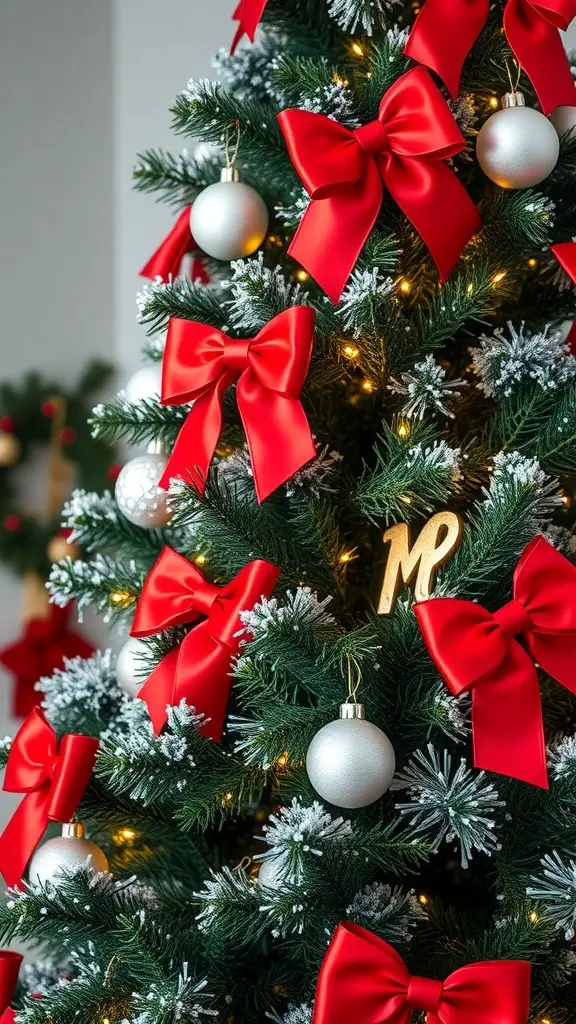 A Christmas tree decorated with bright red satin bows and silver ornaments.