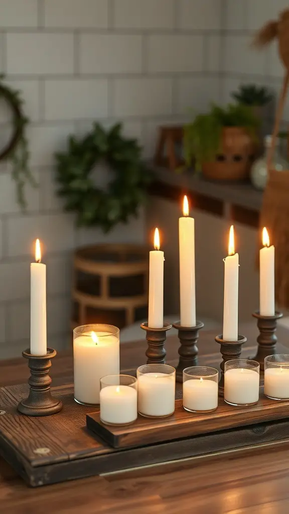 A rustic candle arrangement with various heights and styles on a wooden tray, creating a cozy atmosphere.