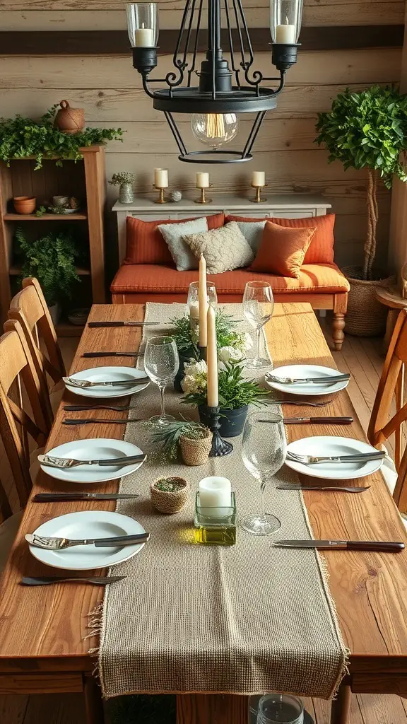 A rustic dining table decorated with wooden accents, white plates, candles, and greenery.