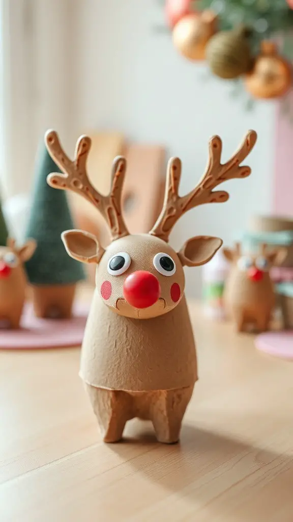 A cute reindeer made from an egg carton, featuring a red nose and antlers, surrounded by festive decorations.