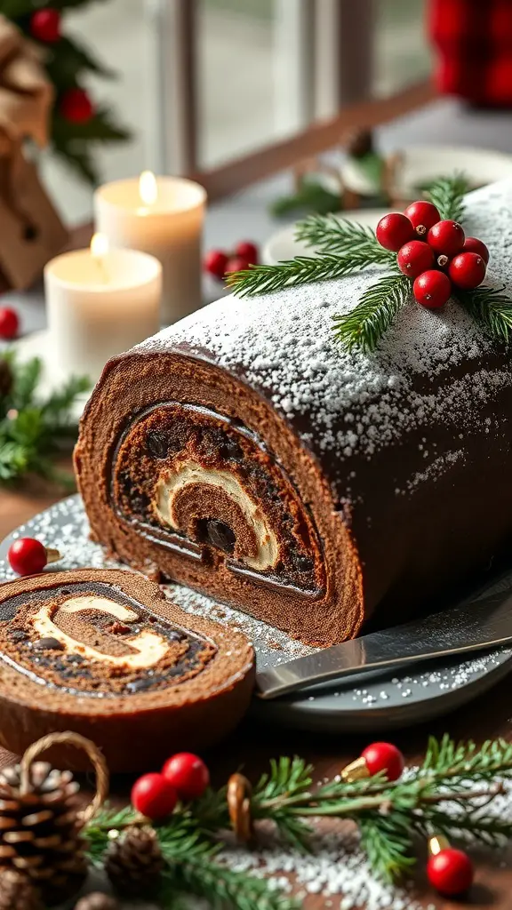 A beautifully decorated Chocolate Yule Log Cake with powdered sugar, pine branches, and red berries.
