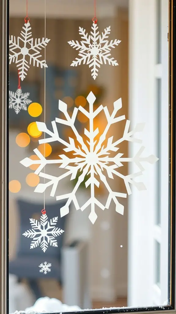 Decorative snowflake cutouts hanging in a window