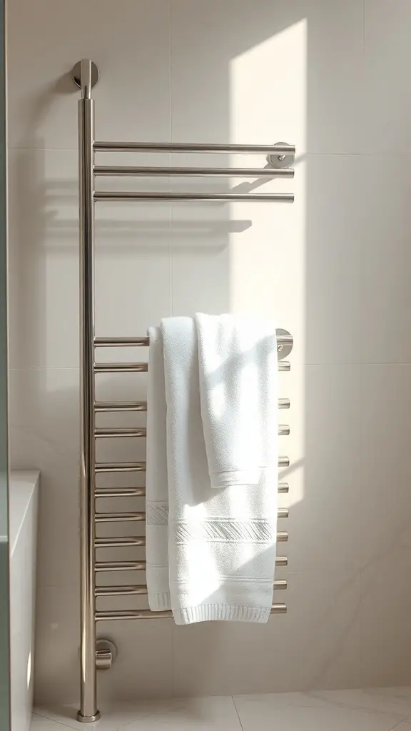 23+ Stylish Bathroom Towel Rack Ideas You’ll Love 7 A modern heated towel rack with white towels hanging on it, illuminated by natural light.