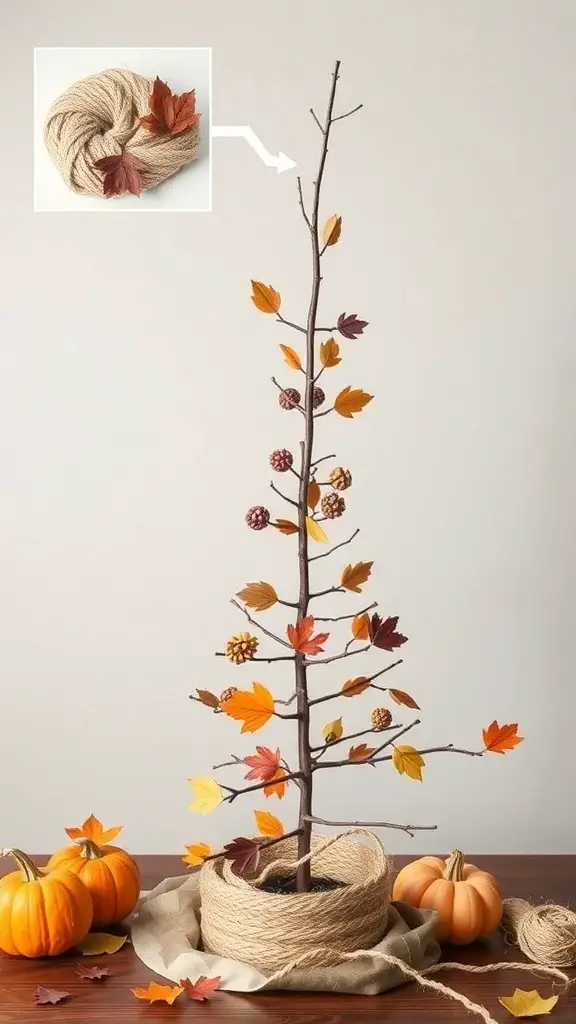 A DIY Thanksgiving tree made from a branch, decorated with colorful leaves and pine cones, surrounded by pumpkins.