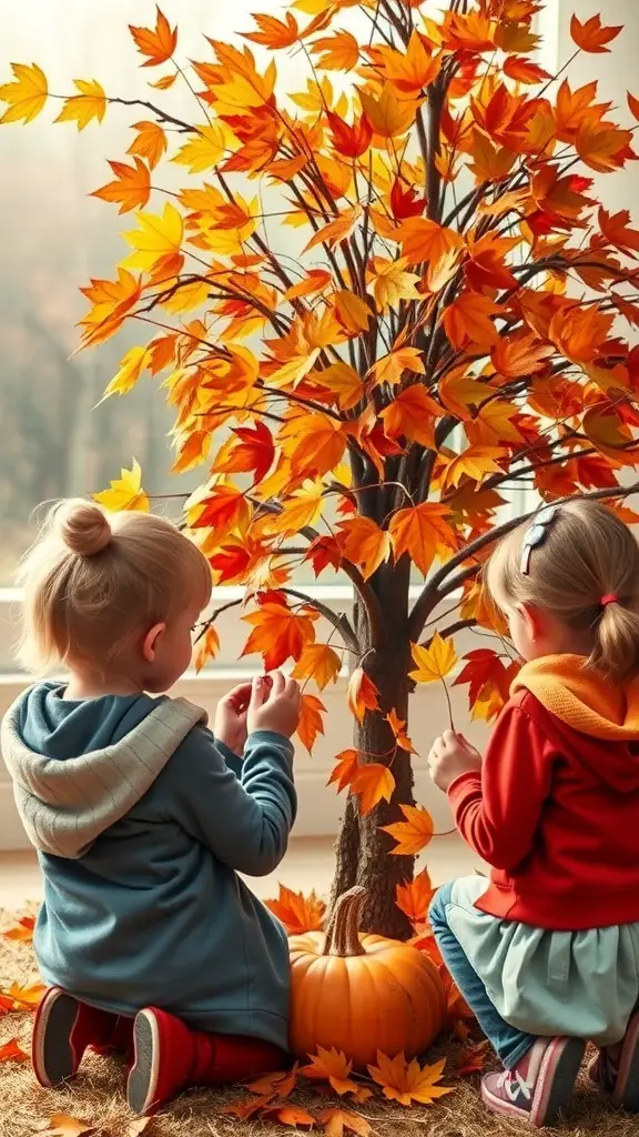 Two children decorating a Thanksgiving tree with colorful leaves and a pumpkin.