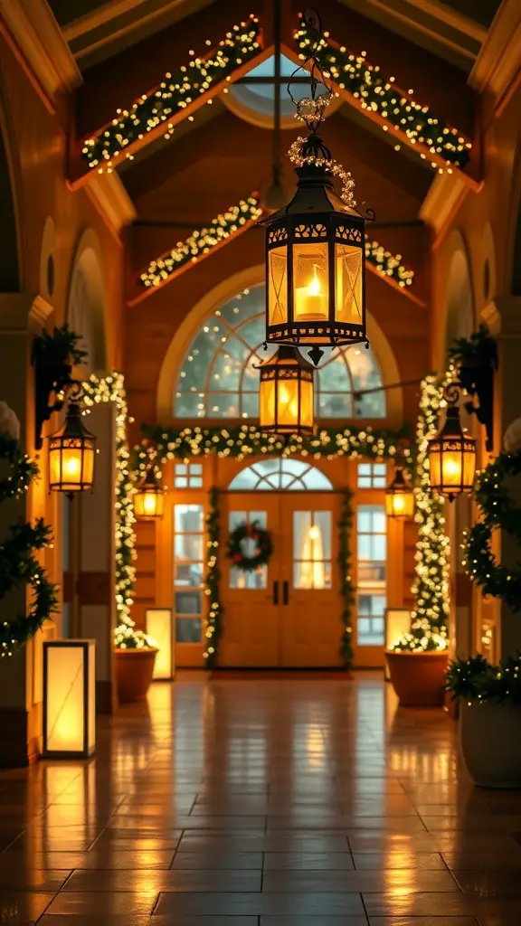 A beautifully decorated foyer with lanterns and string lights for Christmas.