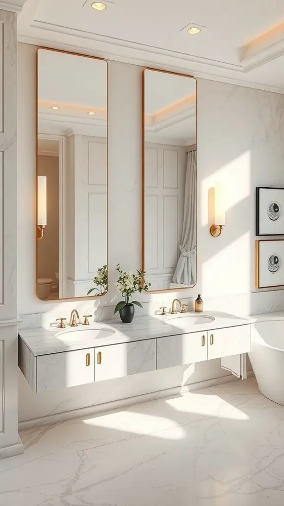 23+ Stylish Bathroom Double Sink Ideas to Enhance Your Space 3 Luxurious marble double sink vanity with golden fixtures and elegant mirrors
