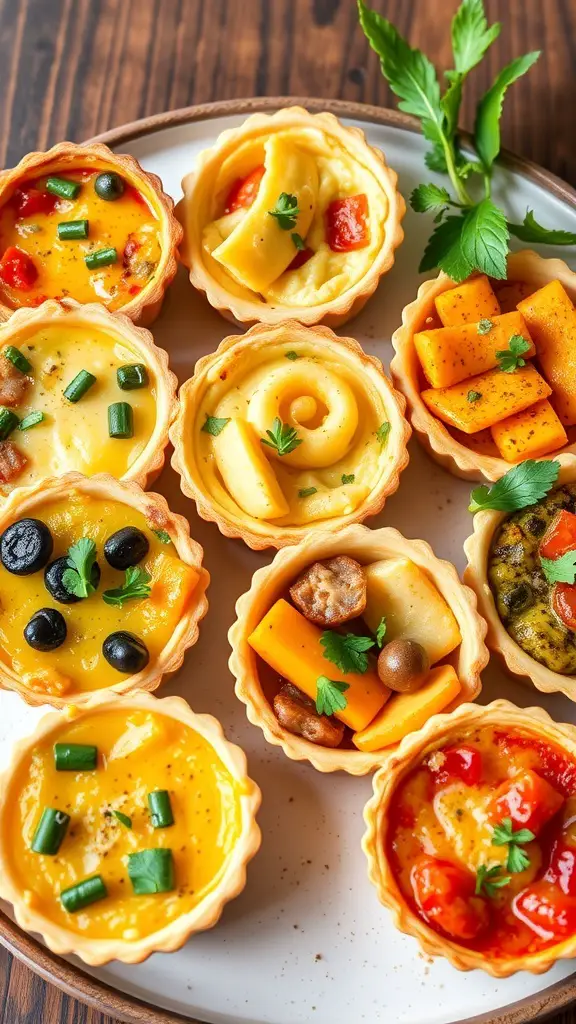 A variety of colorful mini quiches arranged on a plate, showcasing different fillings and garnishes.