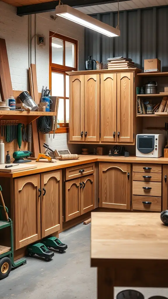 27+ Stylish Slim Shaker Cabinets for Your Dream Kitchen 7 A workshop featuring custom slim shaker cabinets in a warm wooden finish.