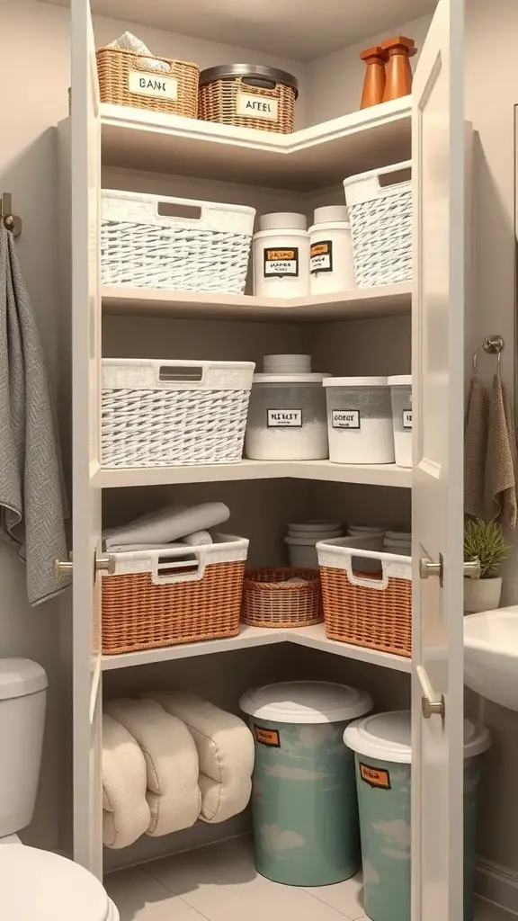 25+ Stylish Bathroom Corner Cabinets for Every Space 15 Organized bathroom corner cabinet with baskets and containers