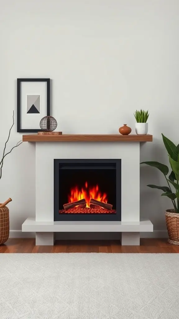 29+ Stylish Electric Fireplace Ideas to Transform Your Home 11 A modern electric fireplace with a sleek design, featuring glowing flames and a minimalist mantel.