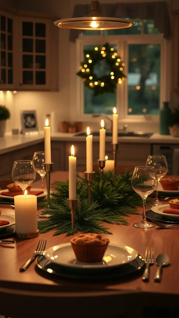 A beautifully set kitchen table for a Christmas dinner, featuring candles, evergreen accents, and festive decor.