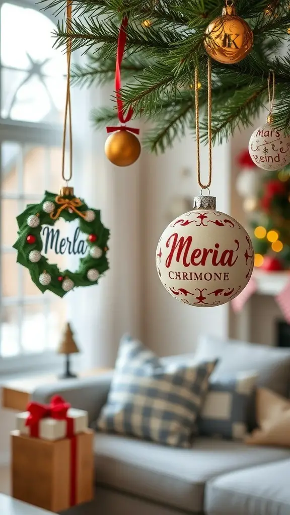 25+ Creative Christmas Decor Ideas for Your Living Room 8 Personalized Christmas ornaments hanging on a tree, featuring names and festive designs.