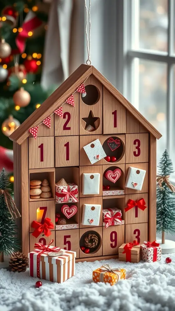 A wooden advent calendar with numbered compartments filled with treats and decorations, set against a festive backdrop.