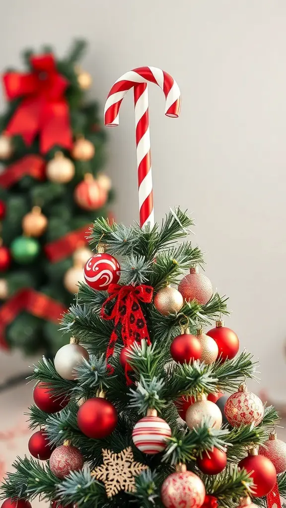 23+ Stunning Christmas Tree Topper Ideas to Inspire Your Holiday Decor 13 A Christmas tree topped with a candy cane, decorated with red and gold ornaments.