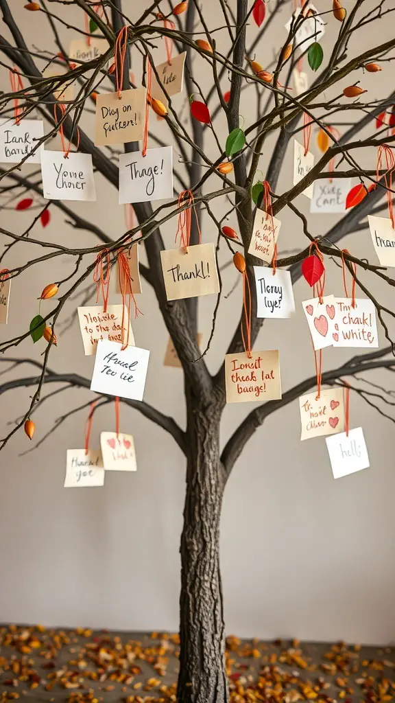 A Thankful Tree with notes of gratitude hanging from its branches.