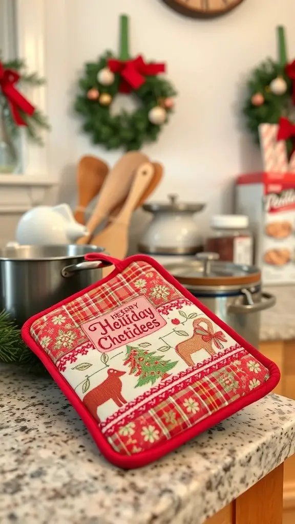 29+ Creative Sewing Projects for Handmade Christmas Gifts 4 A festive quilted pot holder with holiday designs, placed on a kitchen counter decorated for Christmas.