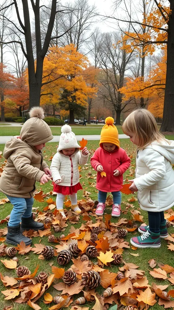 Toddlers playing in autumn leaves during a nature scavenger hunt