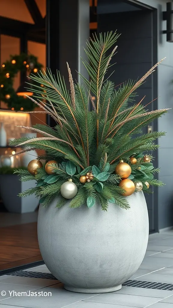 A stylish outdoor holiday planter with greenery and metallic ornaments.