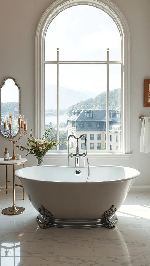 25+ Stunning Master Bath Ideas to Transform Your Space 3 A freestanding tub in a bright bathroom with a large window and elegant decor.