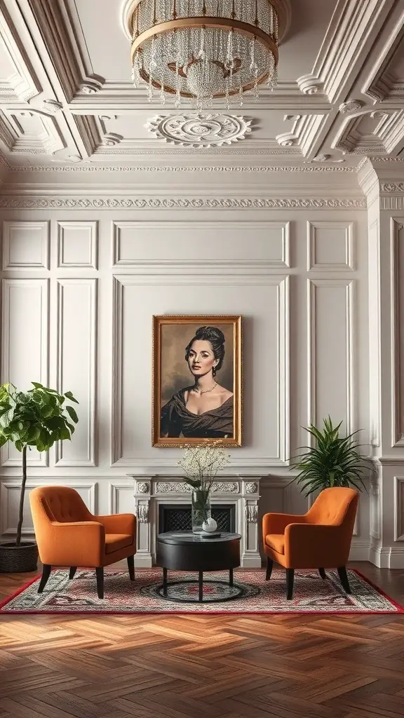 27+ Stunning Wall Molding Ideas to Transform Your Space 14 Elegant room with intricate wall molding, a portrait, and stylish furniture.