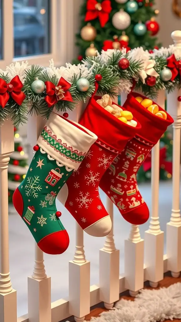 27+ Creative Indoor Christmas Railing Decor Ideas 5 Colorful Christmas stockings hanging from a white railing, decorated with a festive garland.