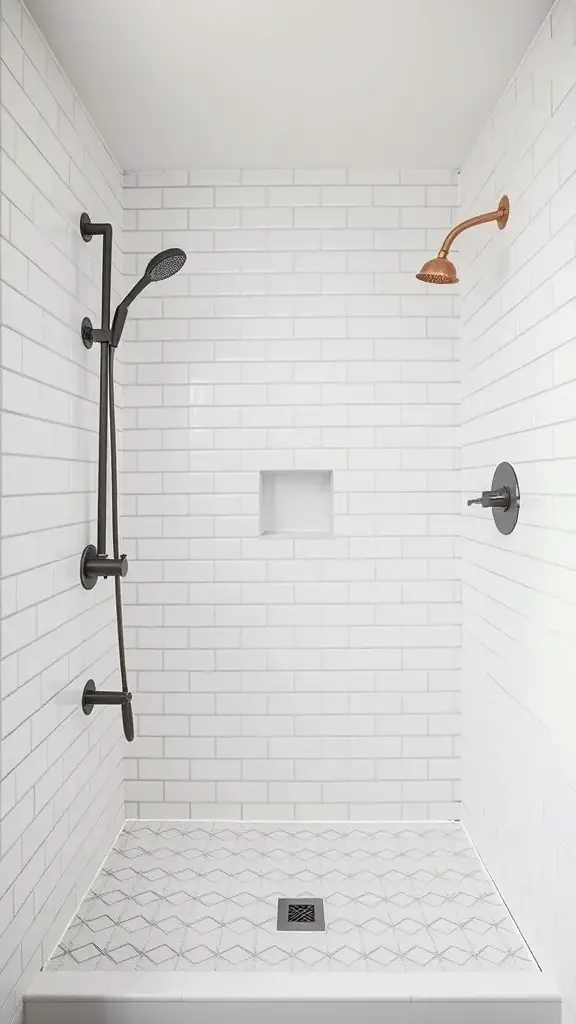 27+ Stunning Shower Tile Ideas to Transform Your Bathroom 6 A modern shower featuring classic white subway tiles, black and copper fixtures, and a patterned floor.