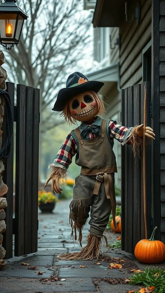 A scarecrow with a plaid shirt and overalls stands at an entrance, surrounded by pumpkins and wooden gates.