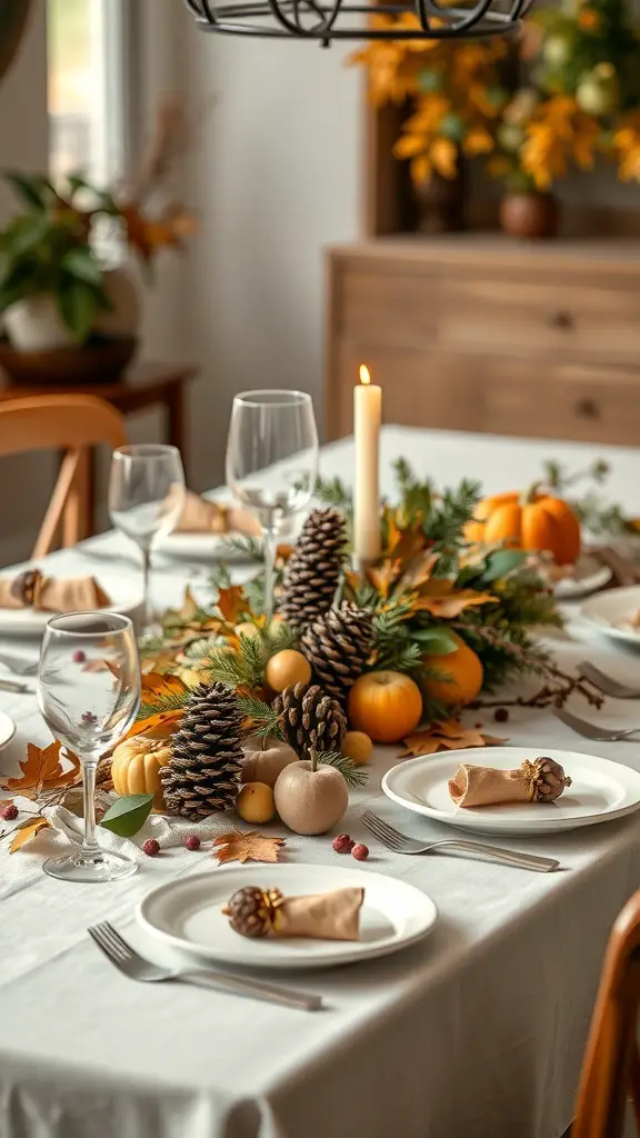 A beautifully set Thanksgiving dinner table featuring a nature-inspired centerpiece with pinecones, pumpkins, and autumn leaves.